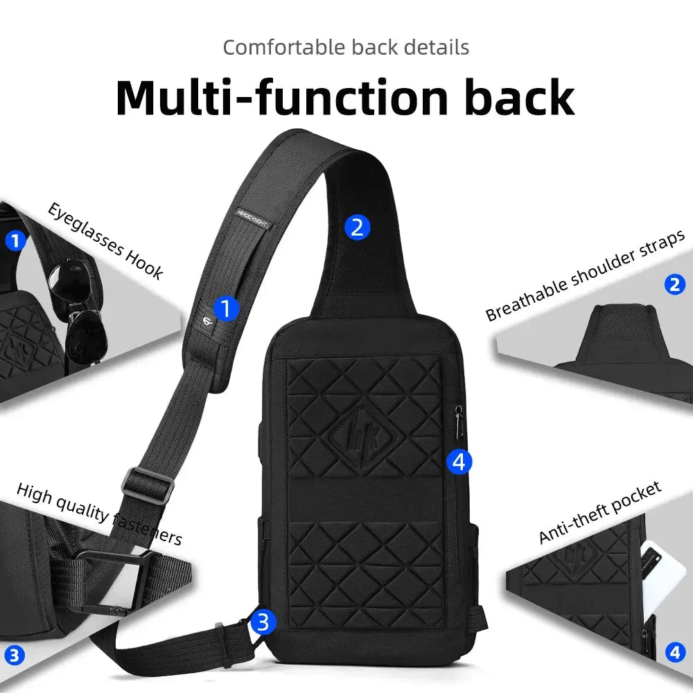 Simples Market HK anti-theft men's shoulder bag, black waterproof crossbody with USB, quilted pockets