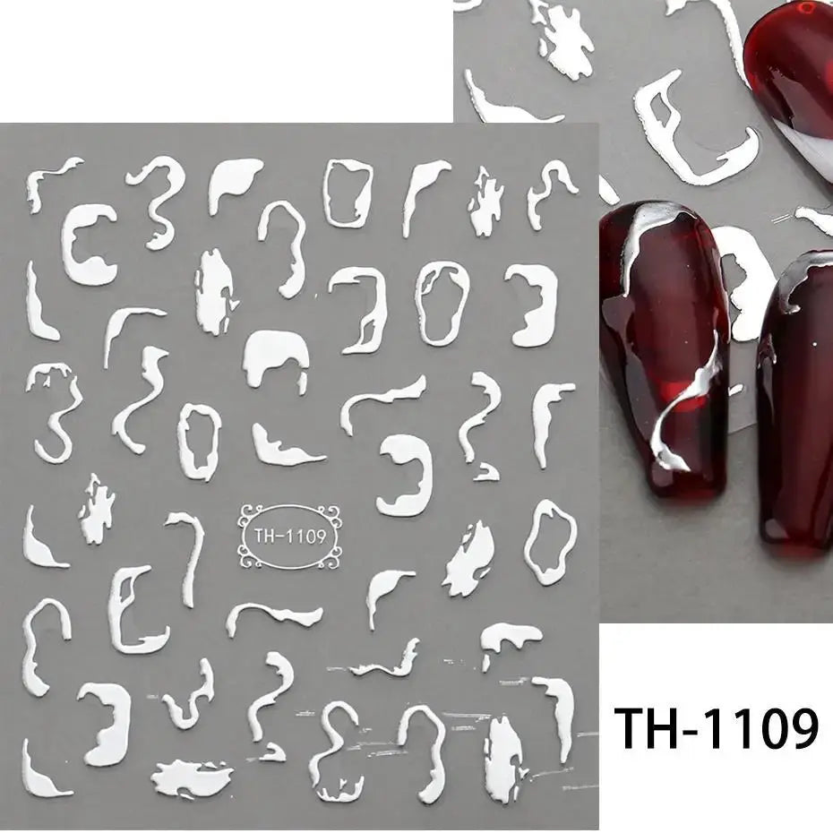 Nail art decals sheet TH-1109 with white abstract shapes for geometric nail designs, 1 sheet