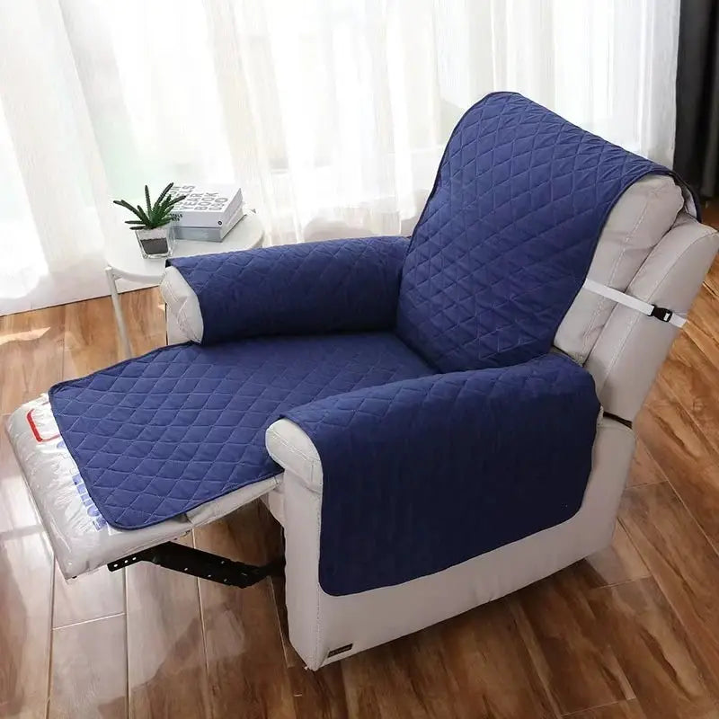 Simples Market blue quilted recliner chair cover with anti-slip straps for armchair protection