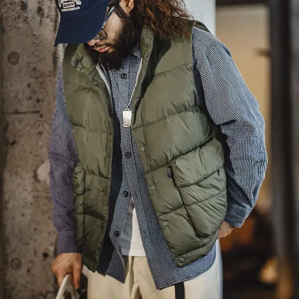 Maden men's olive-green down vest with white duck-down filling and double side pockets