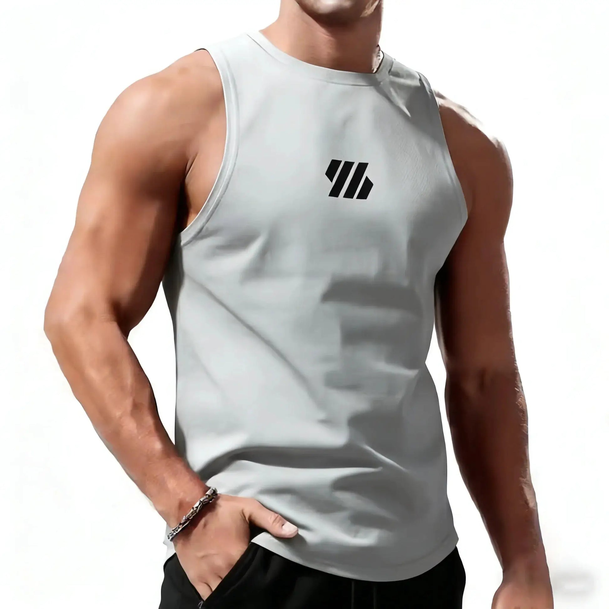Men's gray quick-dry training tank top sleeveless vest with black logo Simples Market