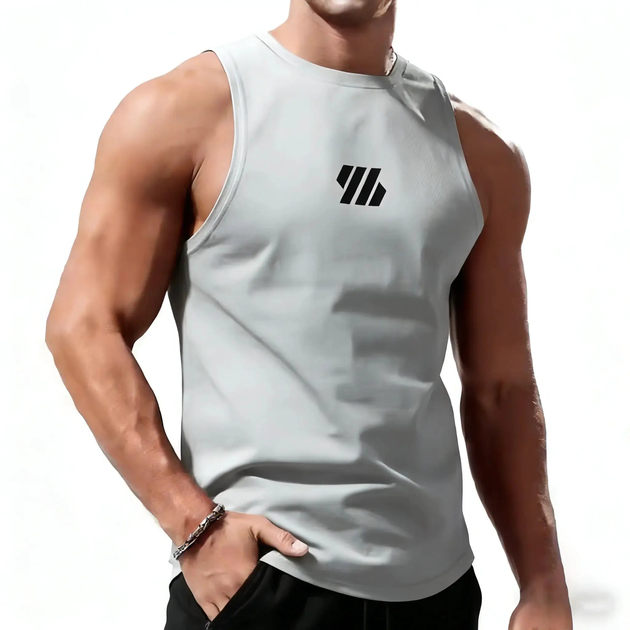 Men's gray quick-dry training tank top sleeveless vest with black logo Simples Market