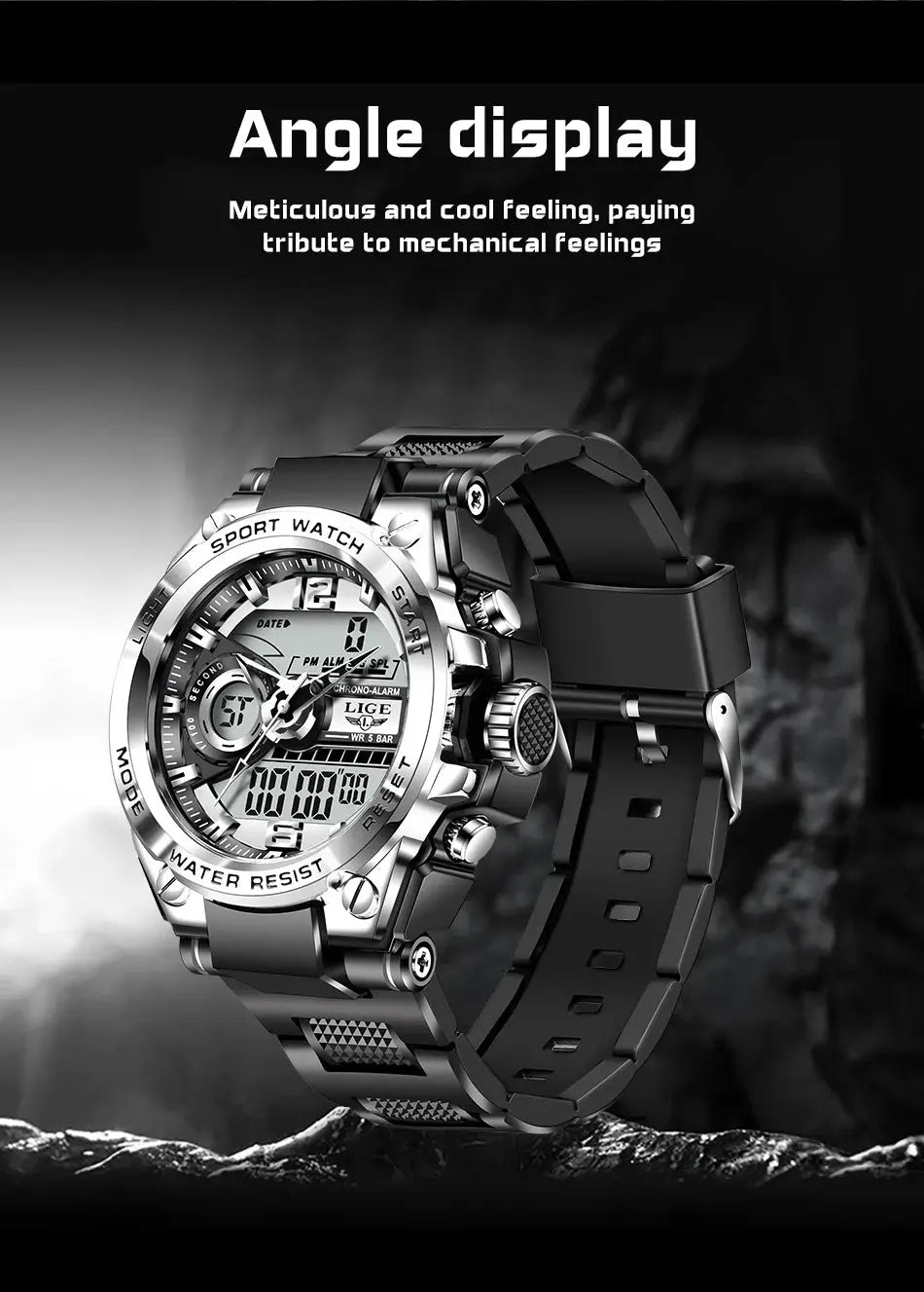 LIGE men's military digital sport watch, silver bezel, black strap, LED quartz, 50m water resistant