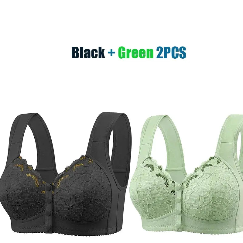 Lace front-closure bras, Simples Market, black and green, 2-pack, extra large, soft cotton, no underwire.