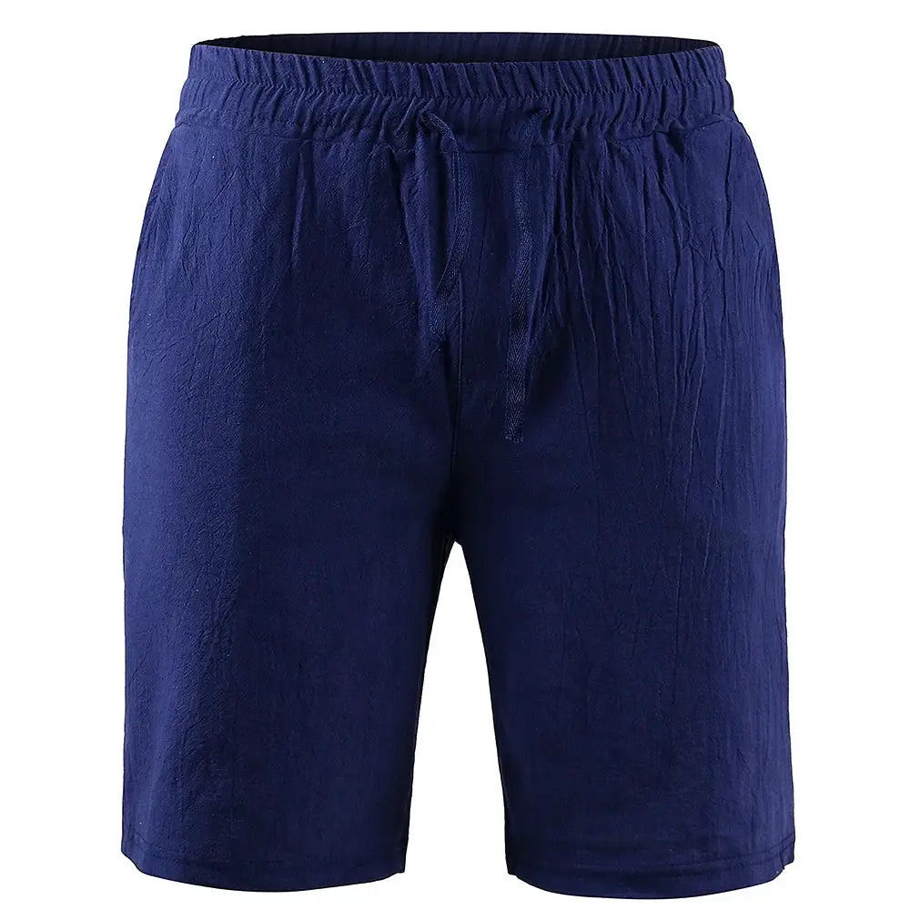 Men's cotton-linen shorts in navy blue with drawstring, breathable solid-color loungewear