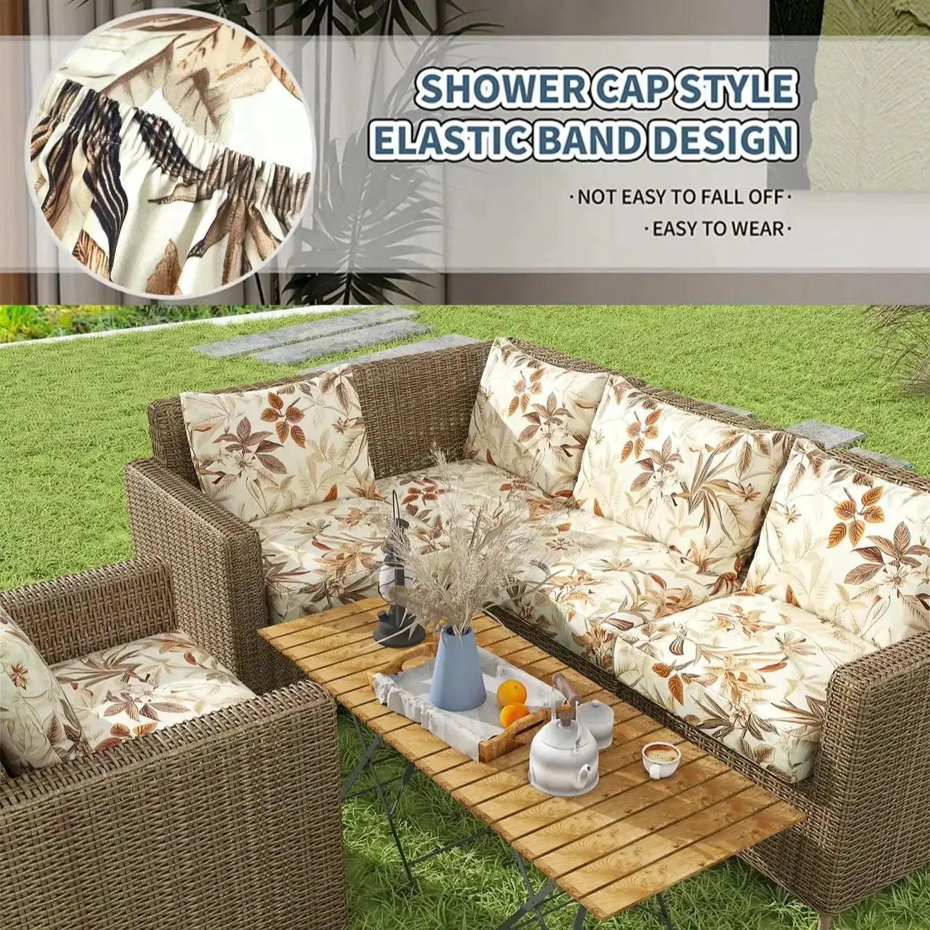 Outdoor tropical print sofa cushion covers, beige-cream with brown leaf pattern; non-slip set of 6.