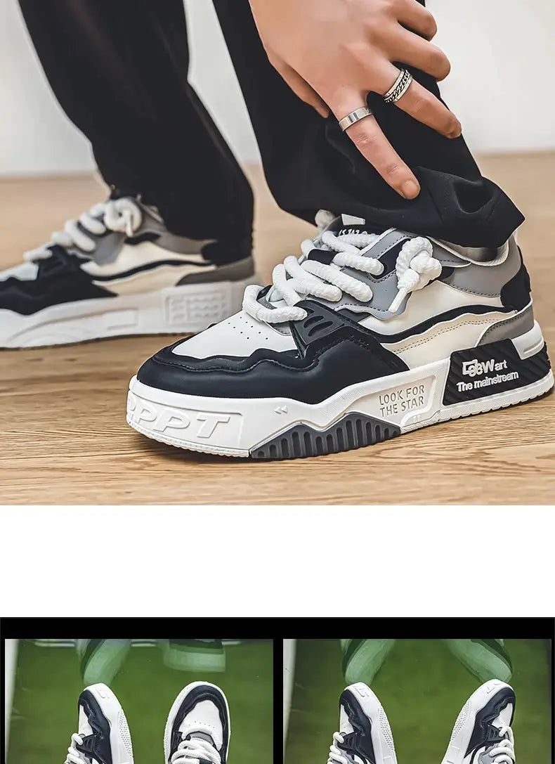 Men's trendy skate shoes in white, black and gray with a chunky non-slip sole; lace-up sneakers, two pairs shown.