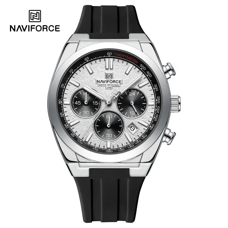 NAVIFORCE men’s chronograph watch with silver textured dial and black silicone strap