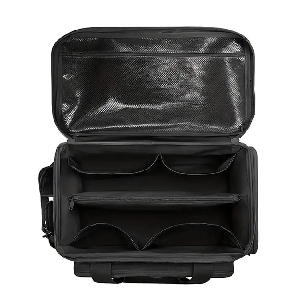 High-capacity black tool storage bag with thick padded base and comfortable handle, showing interior compartments.
