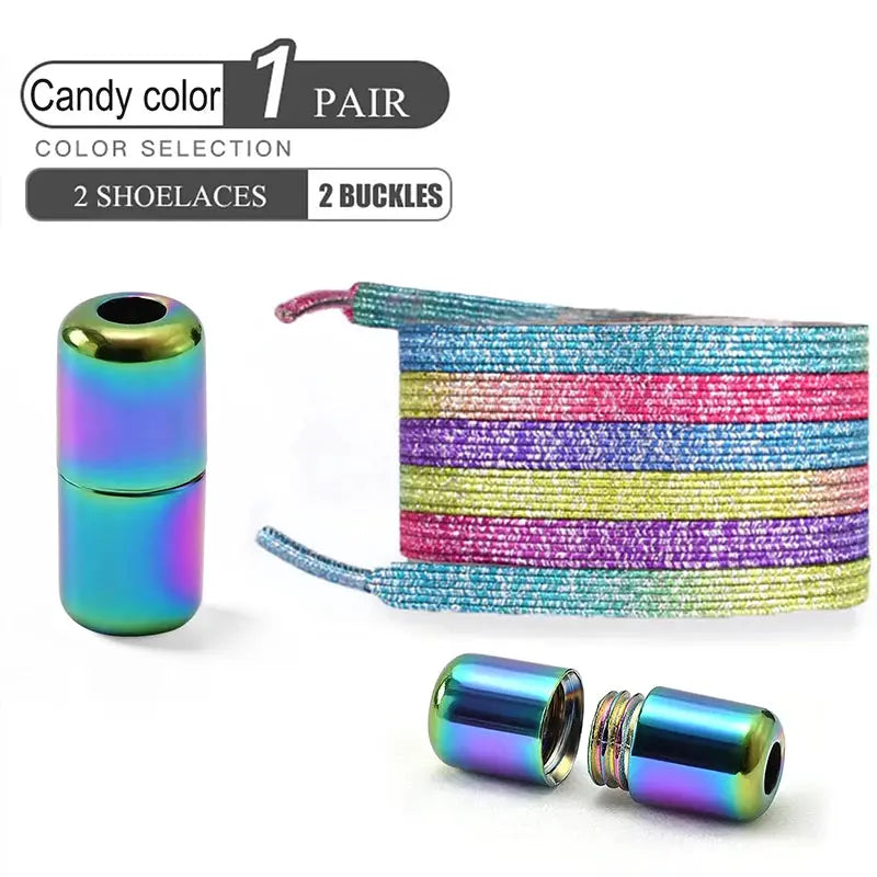 Simples Market rainbow no-tie elastic shoelaces set with iridescent end caps and a storage pouch