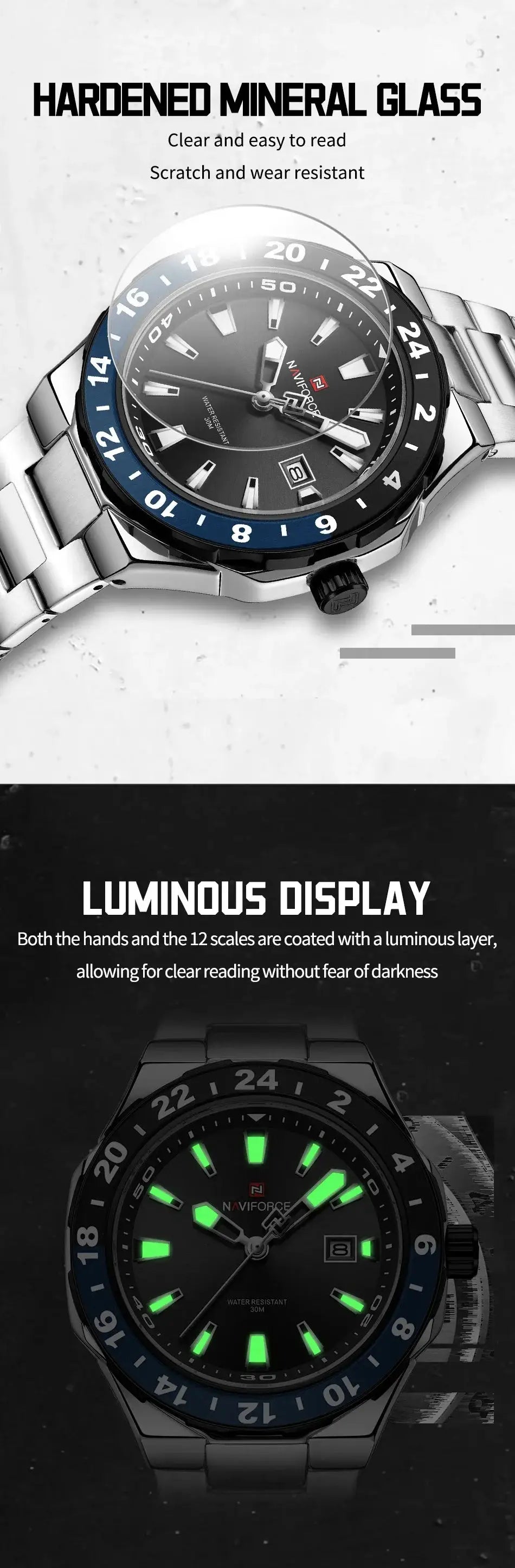 Two NAVIFORCE stainless steel luxury sport watches; black dial with blue bezel and luminous markers
