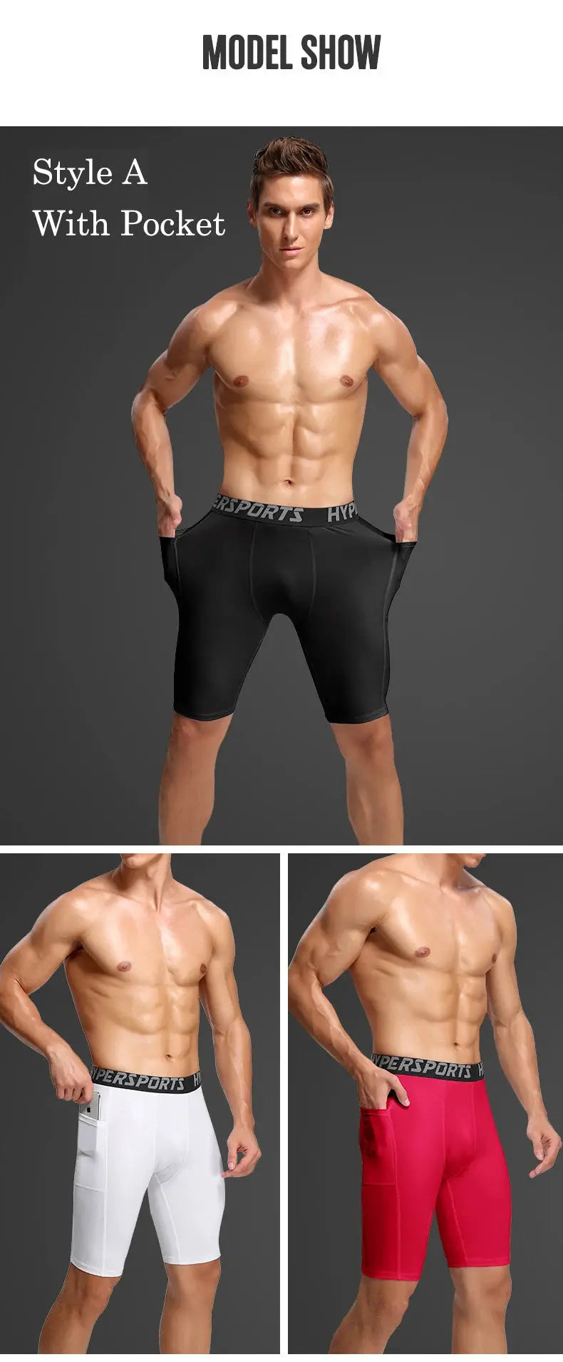 Simples Market men's compression shorts triple-color set (black, white, red) with HyperSports waistband