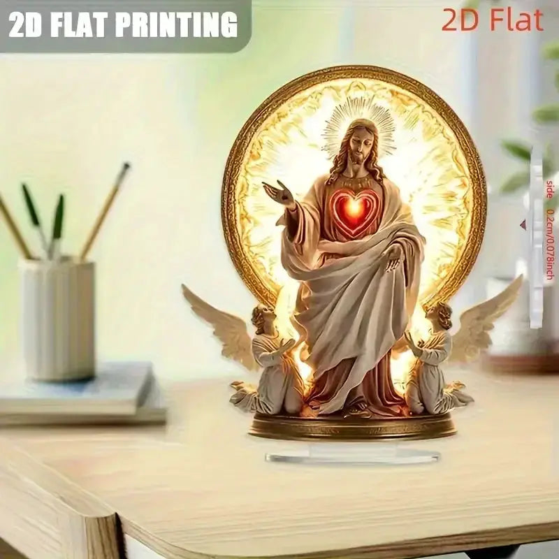 Jesus scene desktop statue with halo and two kneeling angels, warm backlit home decor sculpture