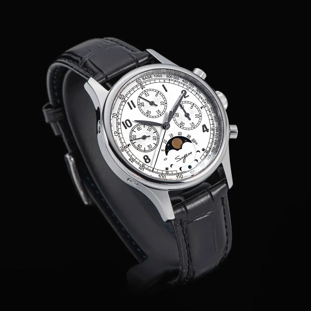 Sugess men's chronograph watch with moonphase, white dial, stainless steel case, black leather strap.