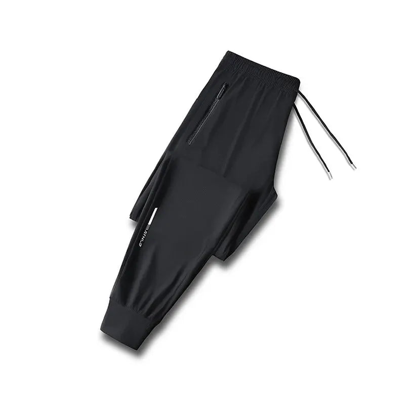 Ice-silk men's pants by Simples Market, black with zip pocket, quick-dry outdoor running casual pants.