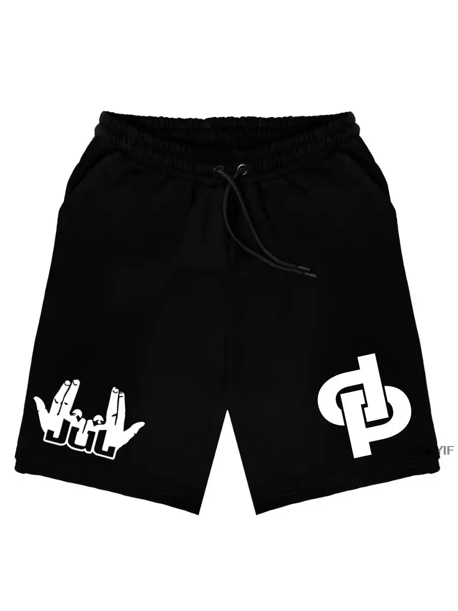 Shorts black cotton, Simples Market, with drawstring waist, left Jul hand sign graphic and right white logo