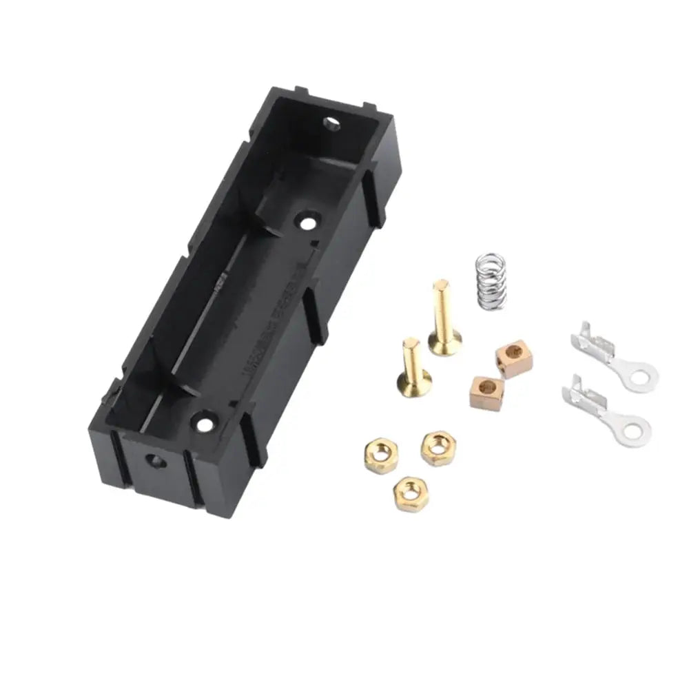 Simples Market solder-free 21700/18650 battery holder kit in black plastic with brass terminals and mounting hardware