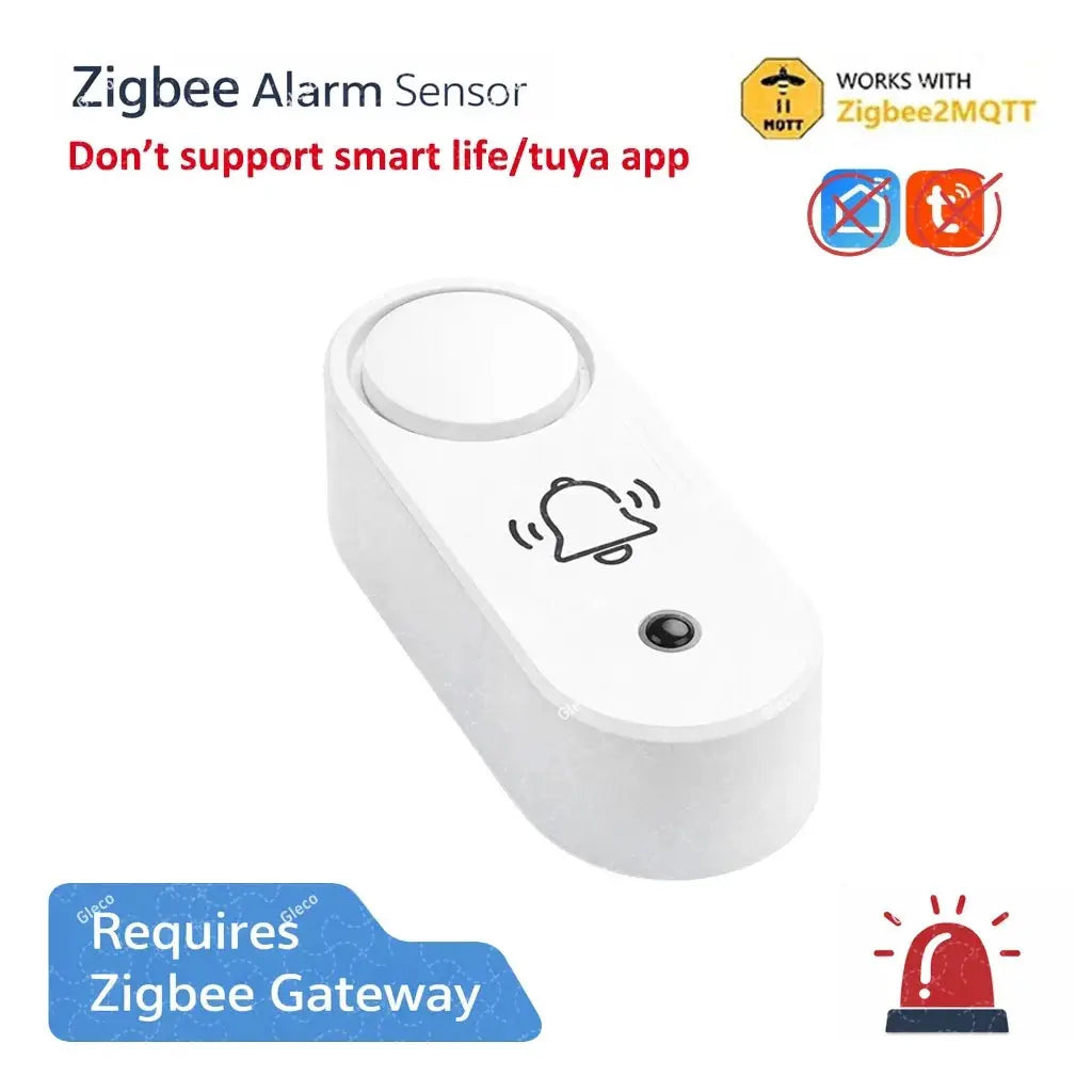 White Zigbee siren alarm sensor with bell icon and vibration detection; requires Zigbee gateway.