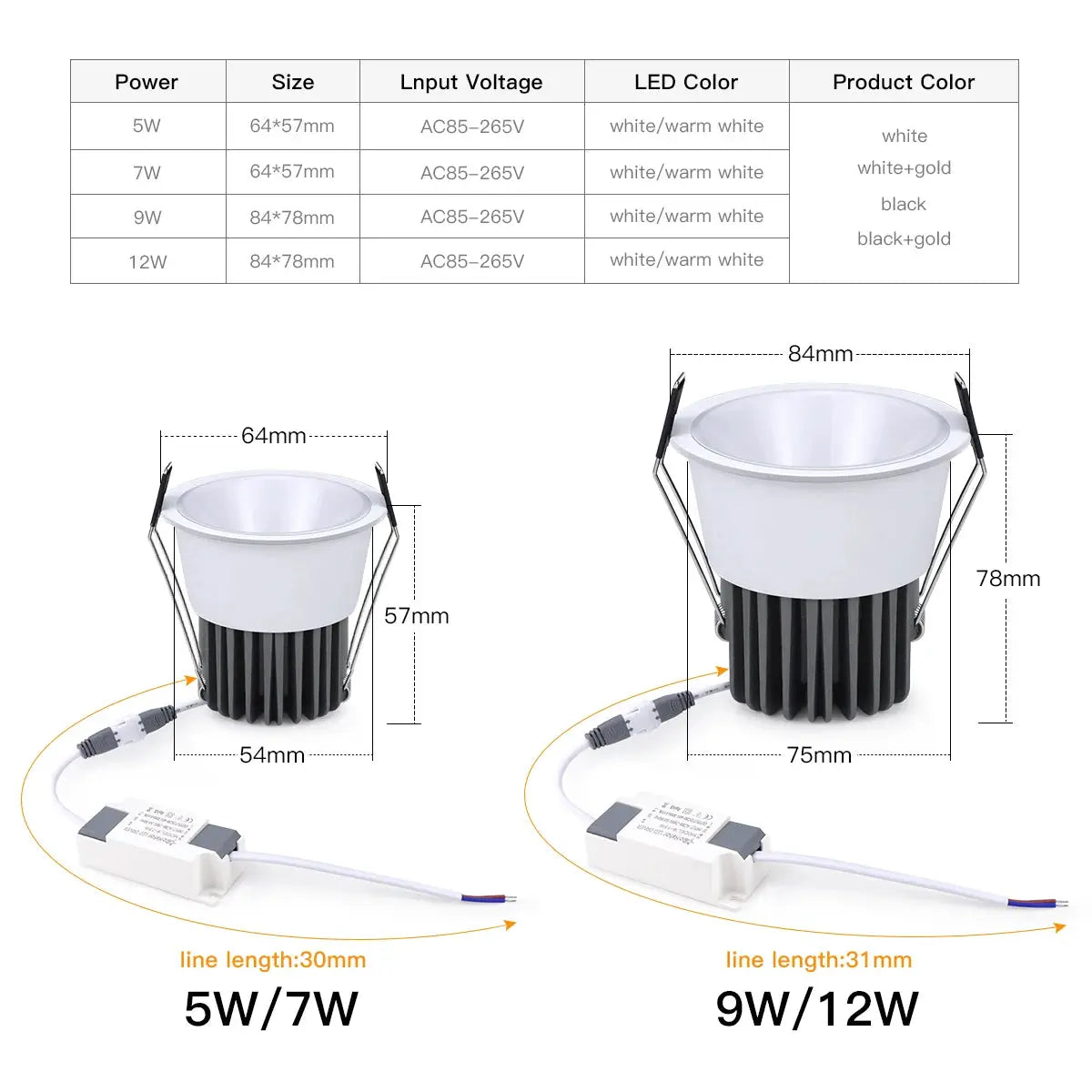 Aluminum LED spotlight downlight by Simples Market; two units (5W/7W and 9W/12W) in white finish, recessed ceiling lamp.