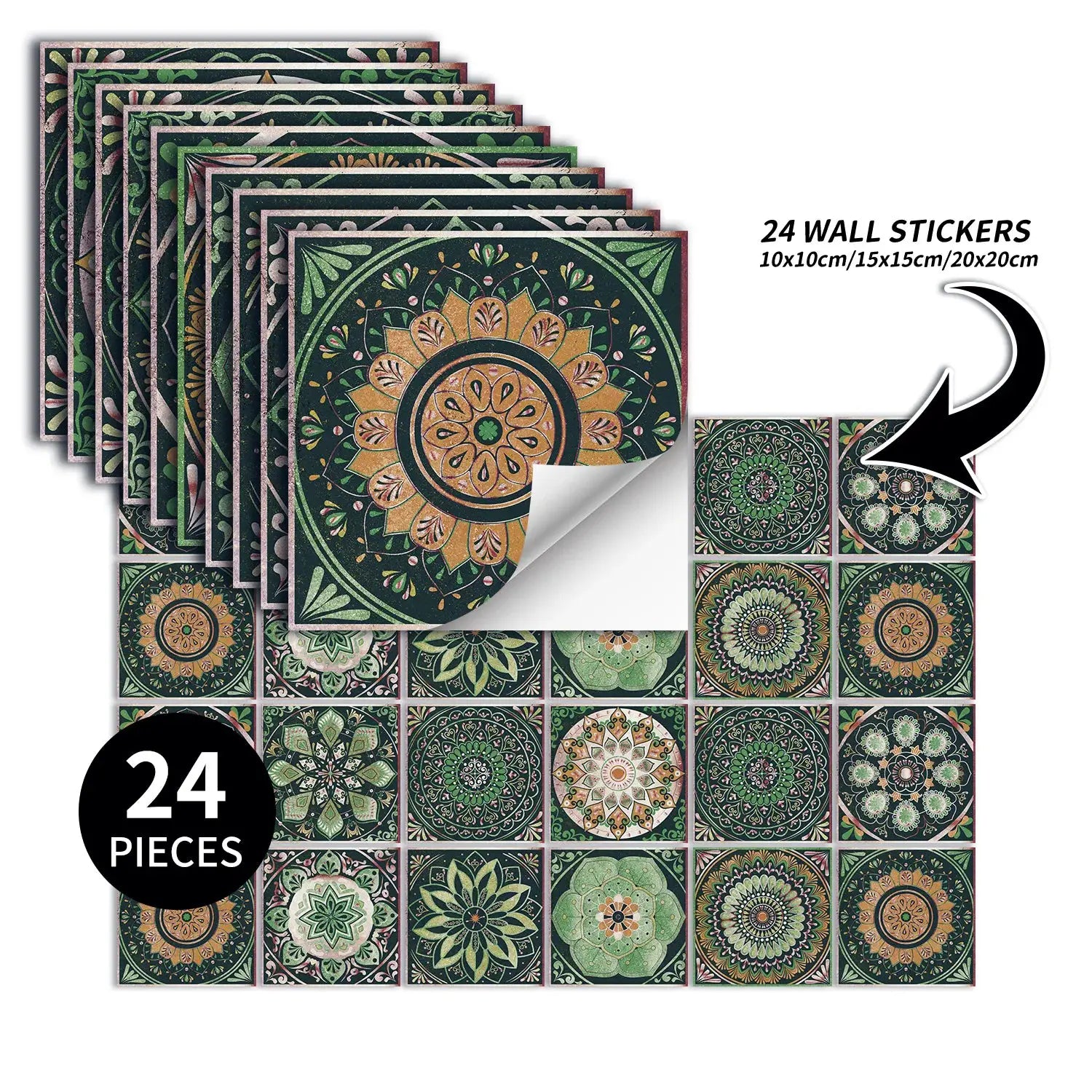 Simples Market 24-piece tile self-adhesive wall sticker set with green and gold mandala designs for backsplash.
