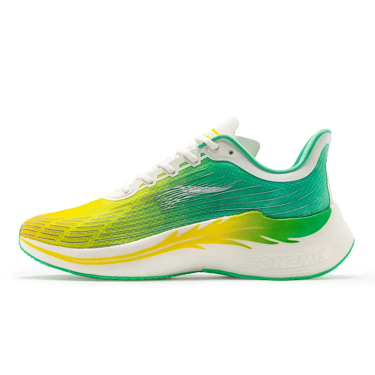 Onemix running shoes gradient yellow-to-green mesh with white sole, breathable lightweight sneakers