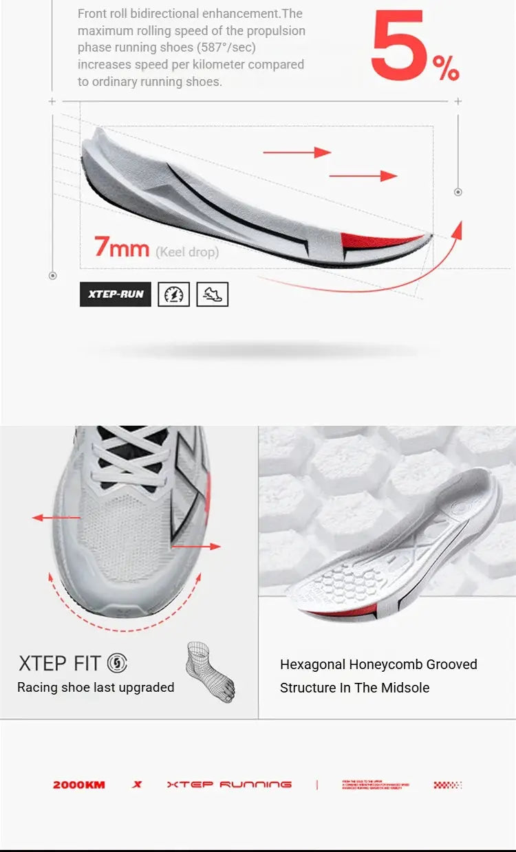 Xtep 2000KM 5.0 running shoes by Simples Market; white lightweight sneakers with red accents and breathable mesh