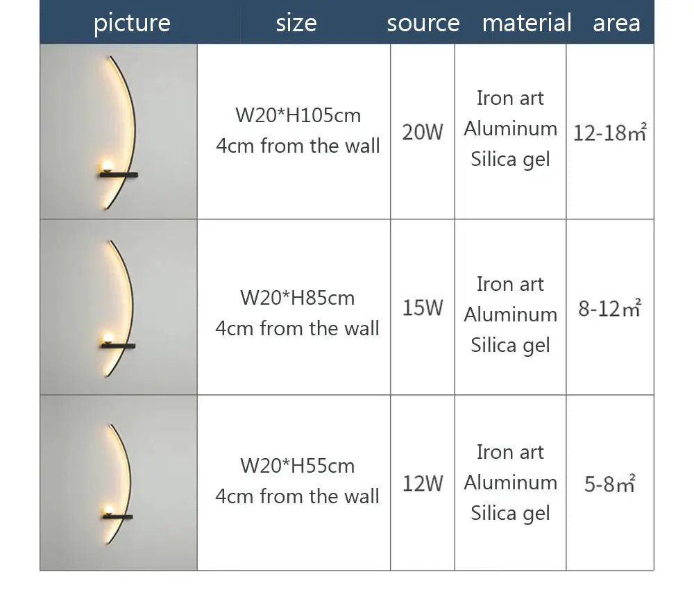 LED wall lamp curved black metal with warm glow; 3 sizes (105cm, 85cm, 55cm) by Simples Market
