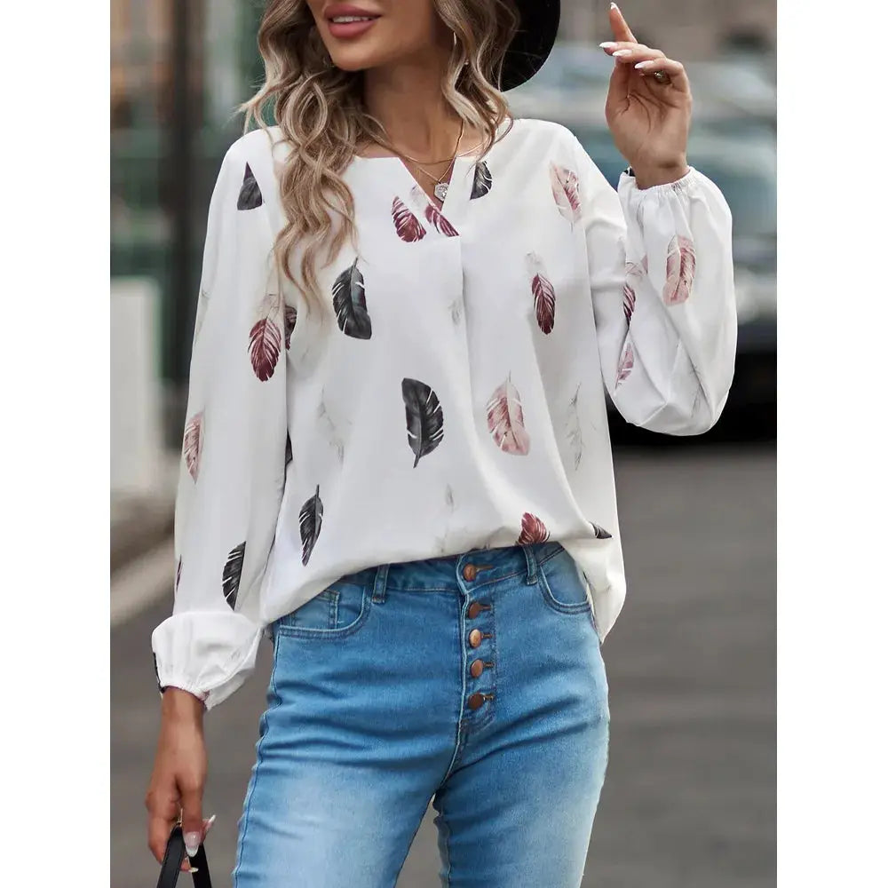 Simples Market feather-print chiffon blouse with long puff sleeves, white with pink and gray feathers