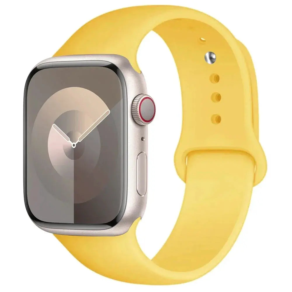 Yellow silicone sport band for Apple Watch 38-45mm, compatible with Series 3–9 and SE, lightweight and durable
