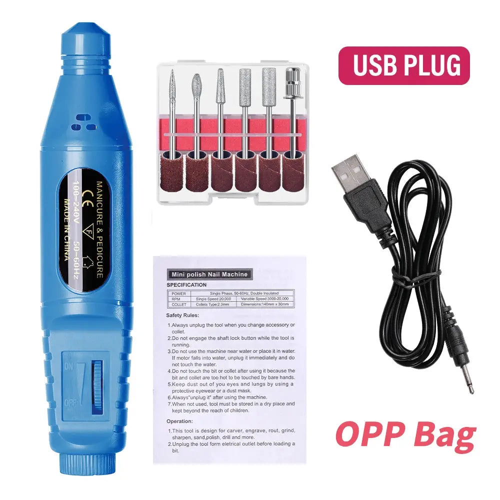 LINMANDA 6 In 1 Electric Nail Drill Kit Portable USB Powered Low Noise 0 To 20000 RPM For Manicure And Pedicure