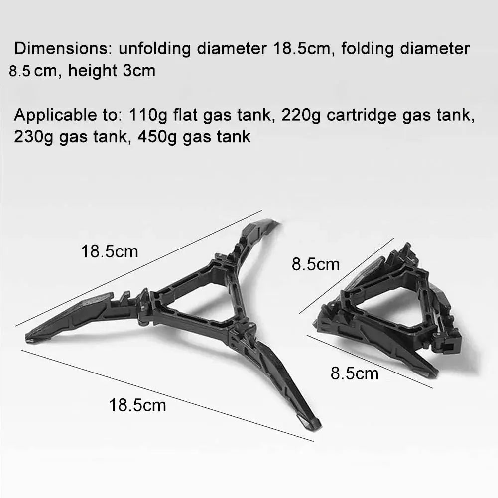 Gas tank bracket foldable tripod stabilizer; black plastic, two-piece set for outdoor camping.