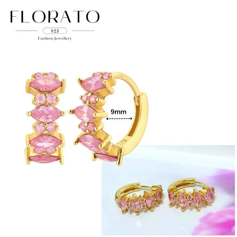 Hoop earrings gold-tone with pink zircon stones, Florato 925, 9mm diameter, two pairs