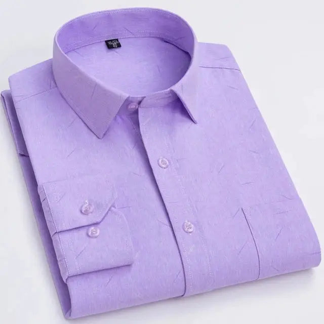 Men's lavender long-sleeve collared shirt by Simples Market with single chest pocket.