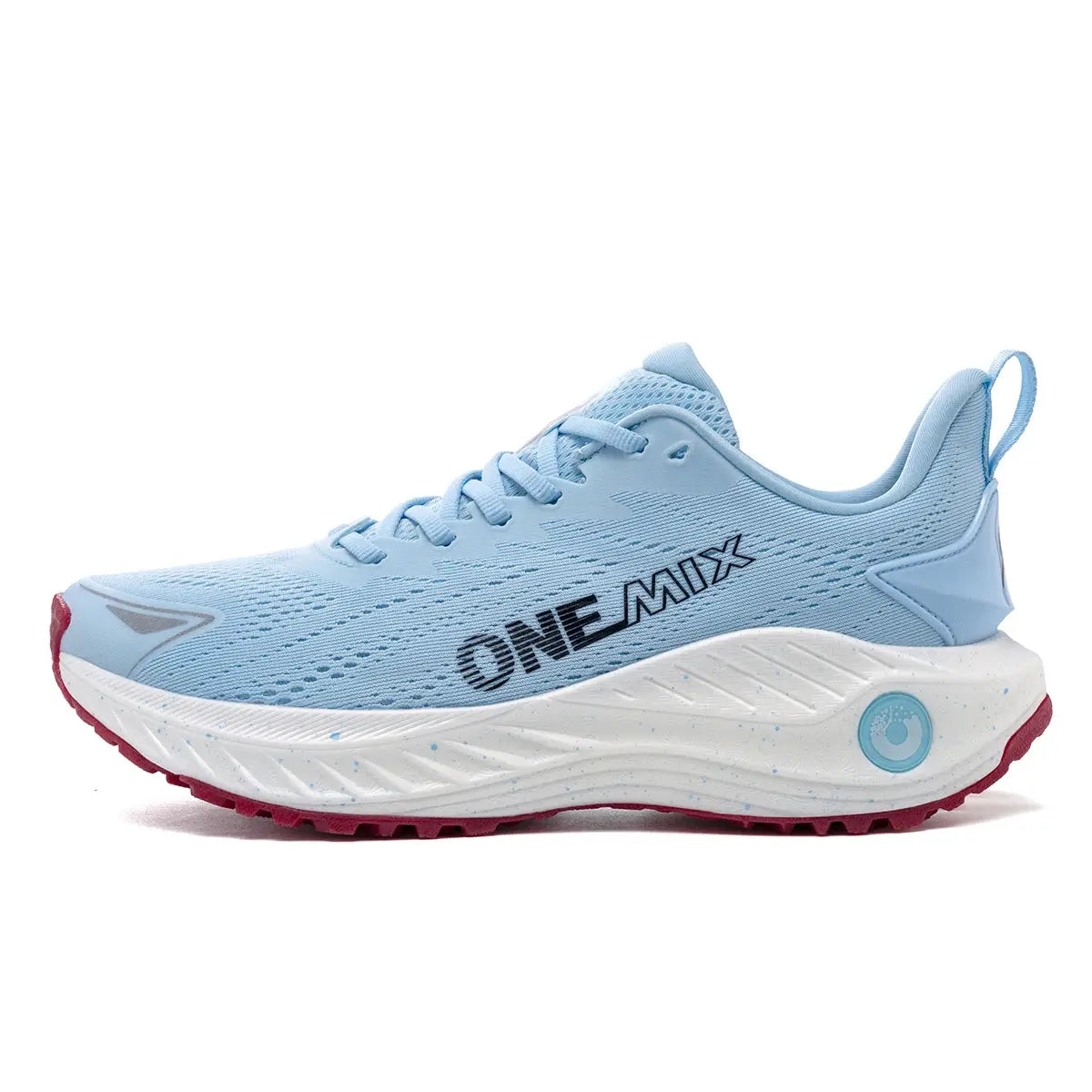 O-Resilio running shoes men, light blue mesh lace-up sneakers with white speckled midsole and burgundy outsole, ONE MIX logo.