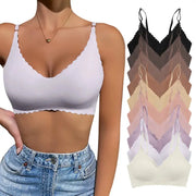 Wirefree padded bra with scalloped edges in white; shown with 9 color options from black to pastels by Simples Market.
