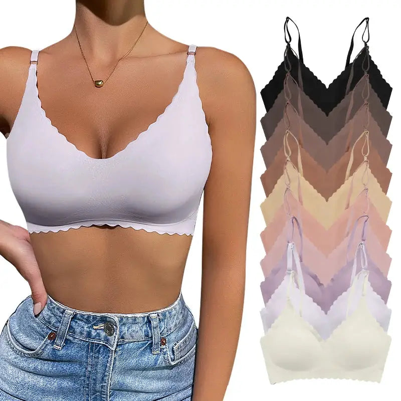 Wirefree padded bra with scalloped edges in white; shown with 9 color options from black to pastels by Simples Market.