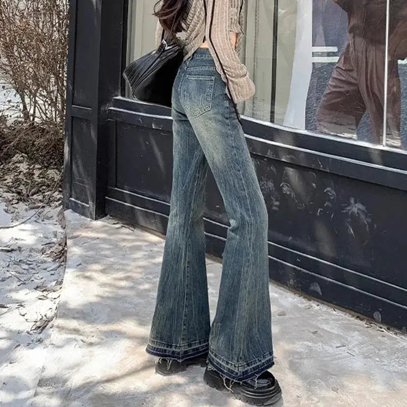 Women High Waist Vintage Flare Jeans Bell Bottom Denim Trousers