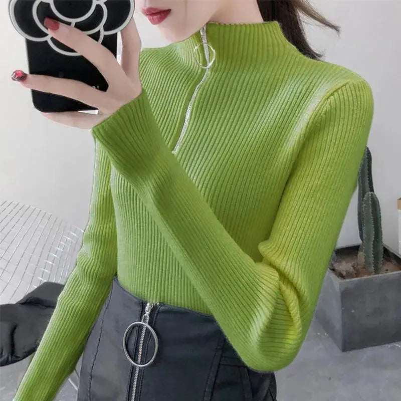 TrendWeave Zipper Half High Neck Knit Sweater Pullover For Women Autumn Winter Slim Solid Knitwear