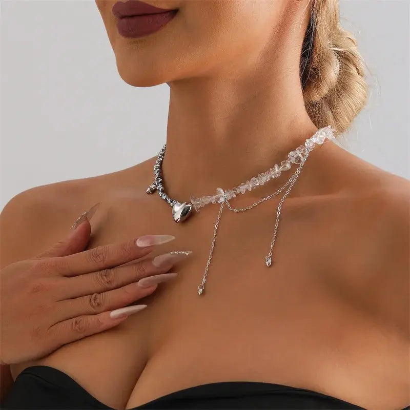 Y2K heart beaded necklace choker in silver-tone with crystal beads and dangling chains