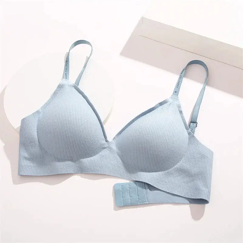FINETOO wireless padded bralette by Simples Market, light blue knit fabric, adjustable straps