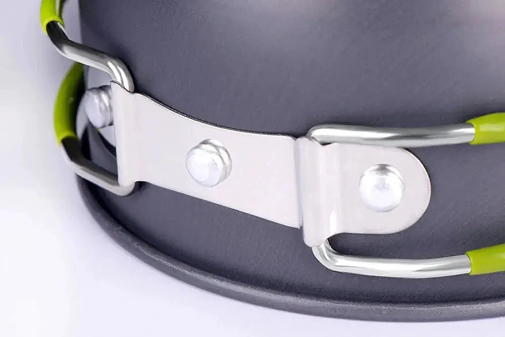 Camping cookware mess kit by Simples Market; ultralight pot set with green-accented locking strap