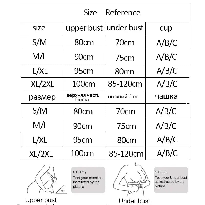 Simples Market lace bralette size reference chart with upper bust, under bust, and cup measurements.