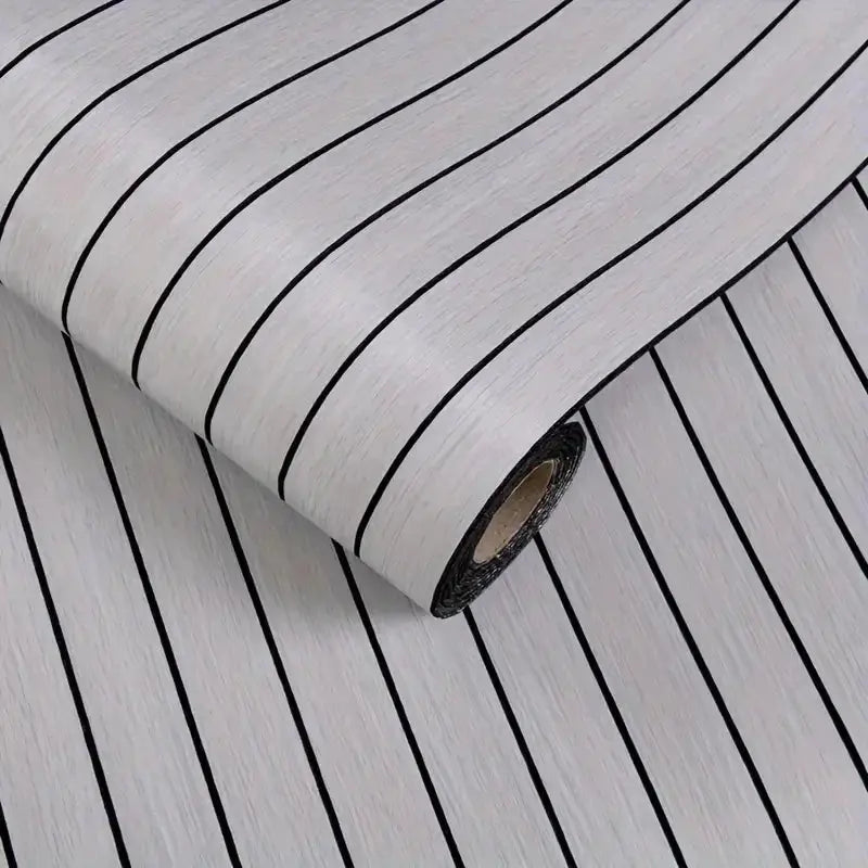 Self-adhesive wallpaper roll with light gray retro wood grain and black stripes
