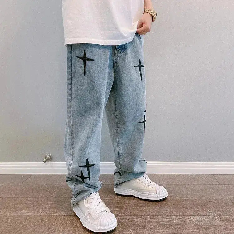 Men's denim cargo pants with star prints, loose light-blue jeans