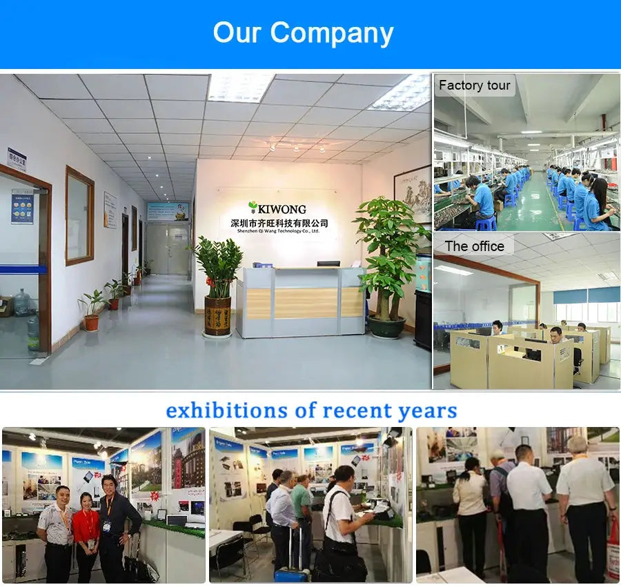 LED floor lamp product collage showing office reception and factory tour scenes