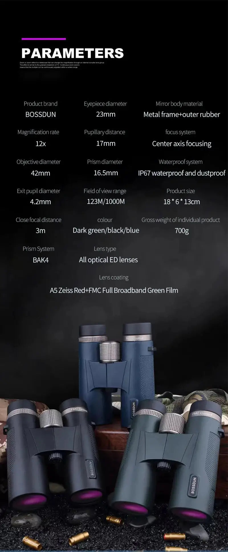 Binoculars 12x42 HD professional by Simples Market, blue metal frame, waterproof