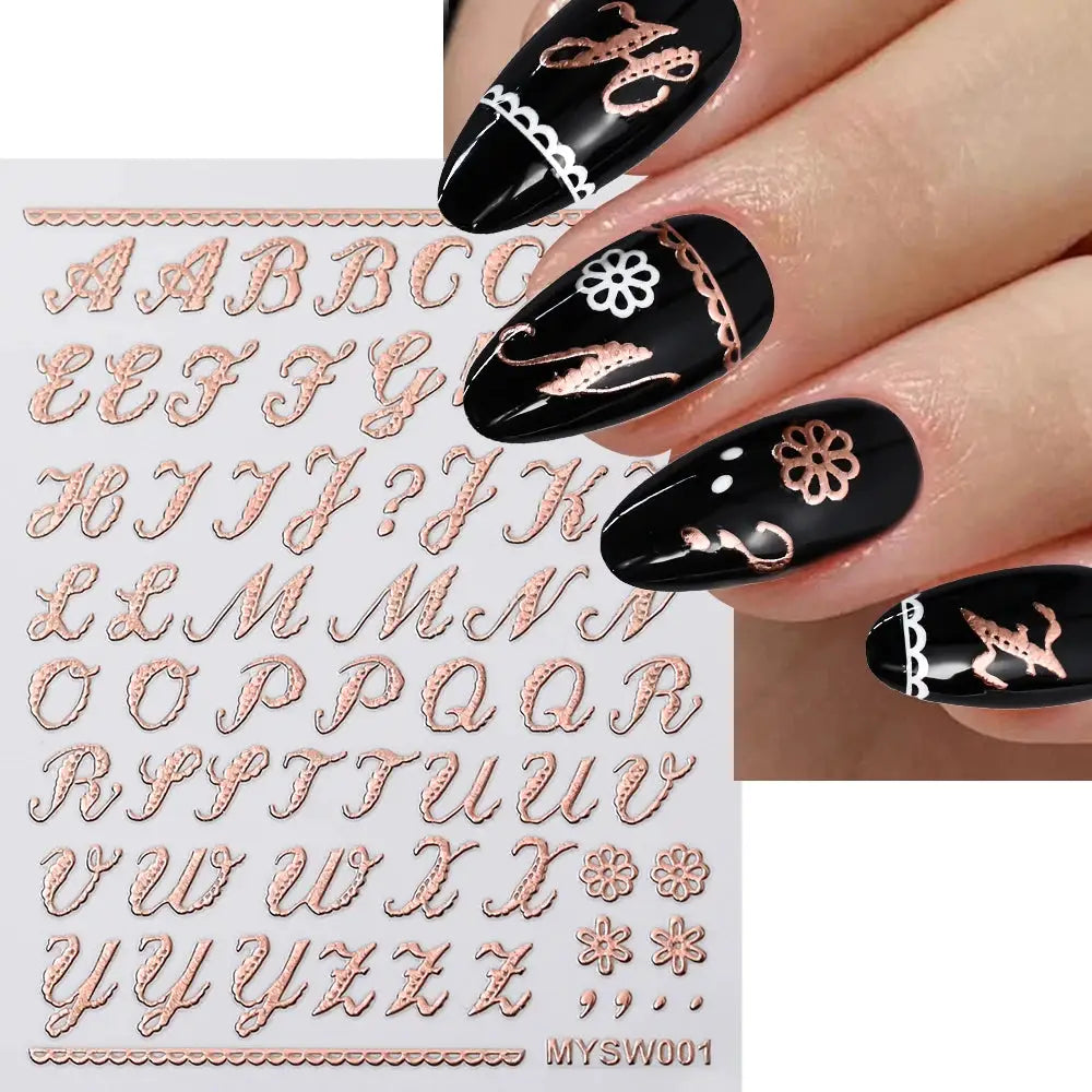 Rose gold 3D Roman letter nail stickers sheet with decorative borders and flowers, self-adhesive manicure decals