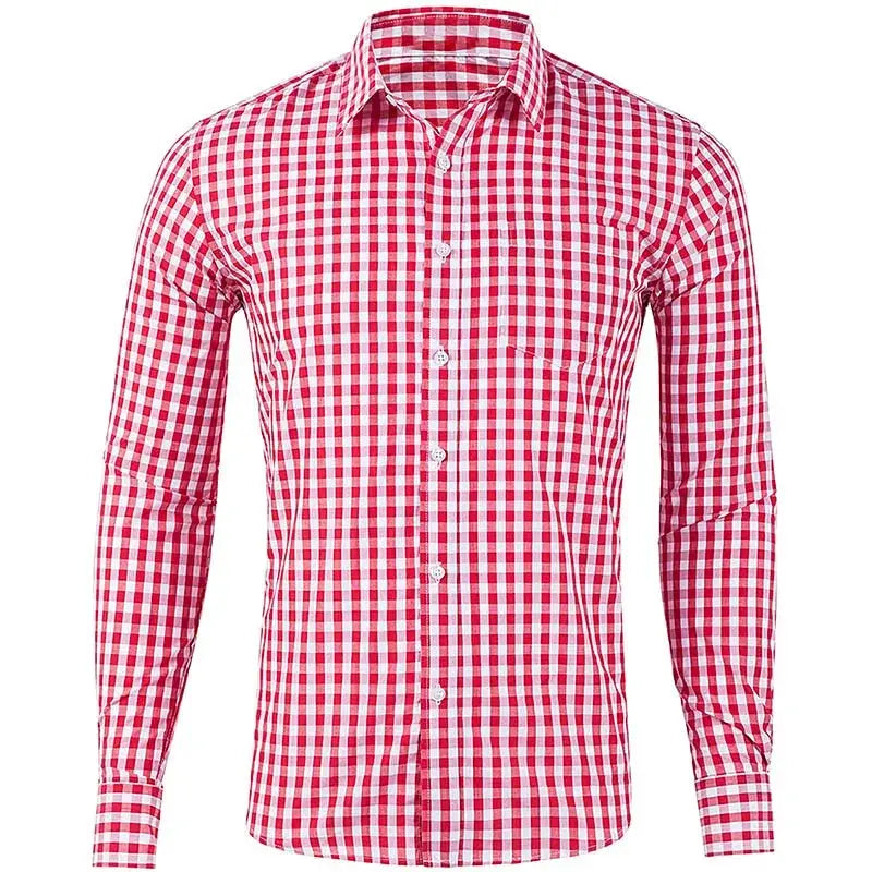 Men's long sleeve plaid shirt in red and white checks, casual style.