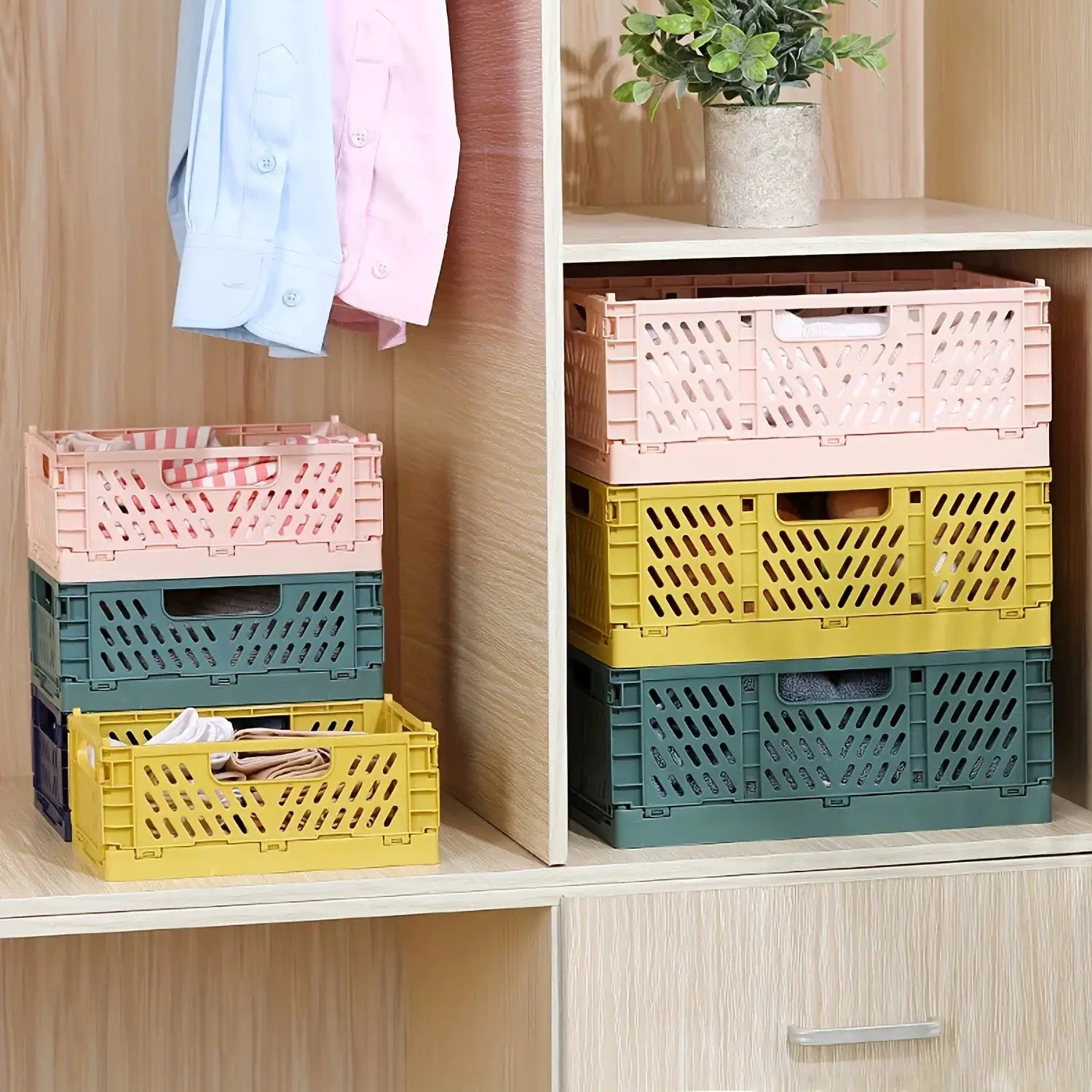 Plastic foldable storage crates in pink, teal, and yellow; stackable organizer boxes on shelves