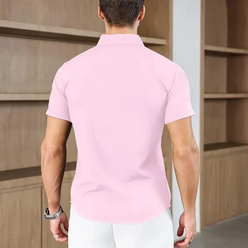 Men's pink solid-color short-sleeve business casual shirt, back view